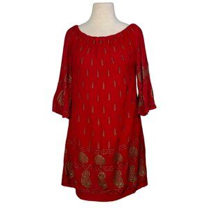 Lapogee Gold & Red Long Sleeve Indie Paisley Stamp Boho Mini Shift Dress Size M
